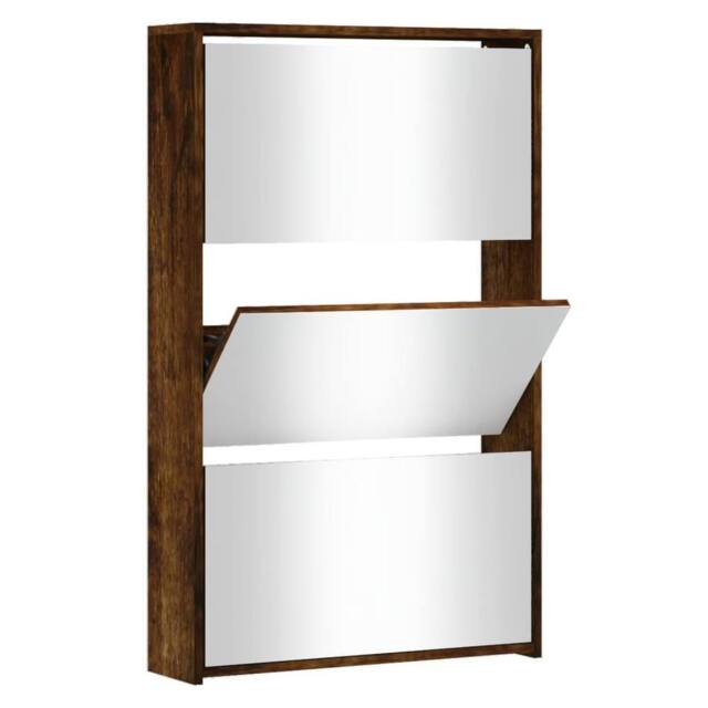 Berkfield Home Shoe Cabinet with Mirror 3-Layer Smoked Oak 63x17x102.5 cm in Brown - image 1