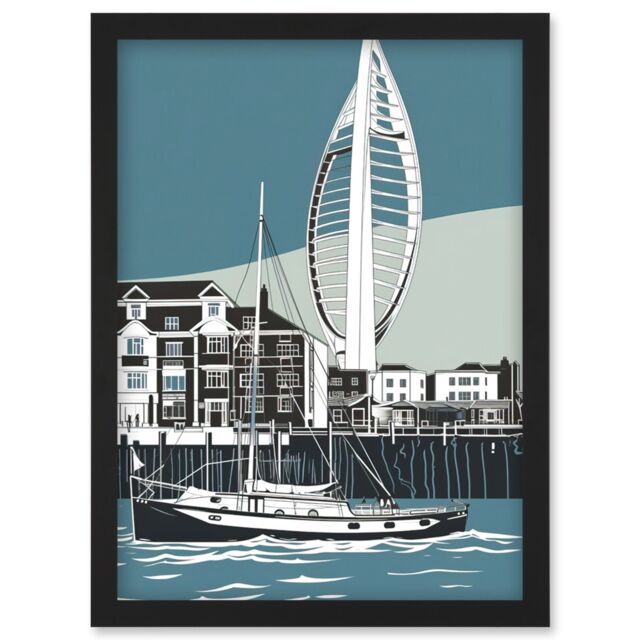 Artery8 Portsmouth Historic Dockyard with Spinnaker Tower Artwork Framed Wall Art Print A4 in Black - image 1