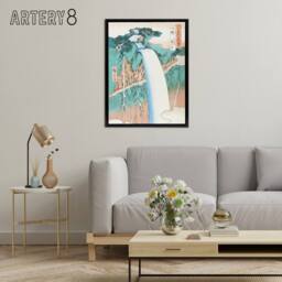 "Artery8 Mount Nikko Urami Waterfall Framed Canvas Wall Art Print Hiroshige in Green - Size: W12"" x H16""" - thumbnail 3