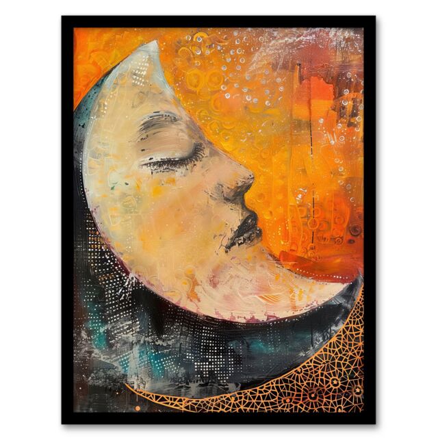 "Artery8 Sleeping Crescent Moon Abstract Oil Painting Framed Wall Art in Orange - Size: W12"" x H16""" - image 1