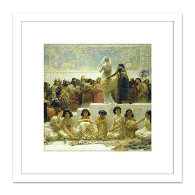 Artery8 Edwin Long Babylonian Marriage Market Painting 8X8 Inch Square Wooden Framed Wall Art Print Picture with Mount in White - image 1