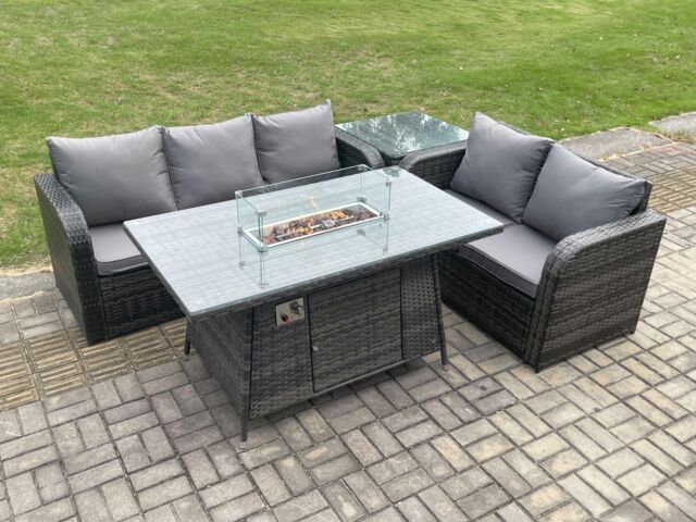 Fimous Rattan Garden Furniture Set with Gas Fire Pit Table, Side Table 4 Pieces Outdoor Lounge Sofa Set Dark Grey Mixed - image 1
