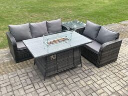 Fimous Rattan Garden Furniture Set with Gas Fire Pit Table, Side Table 4 Pieces Outdoor Lounge Sofa Set Dark Grey Mixed - thumbnail 1