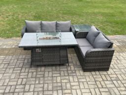 Fimous Rattan Garden Furniture Set with Gas Fire Pit Table, Side Table 4 Pieces Outdoor Lounge Sofa Set Dark Grey Mixed - thumbnail 3