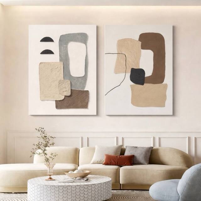 Mafett Contemporary Abstract Canvas Wall Art Set of 2 Neutral Home Decor in Beige - Size: W59 cm x H84 cm - image 1