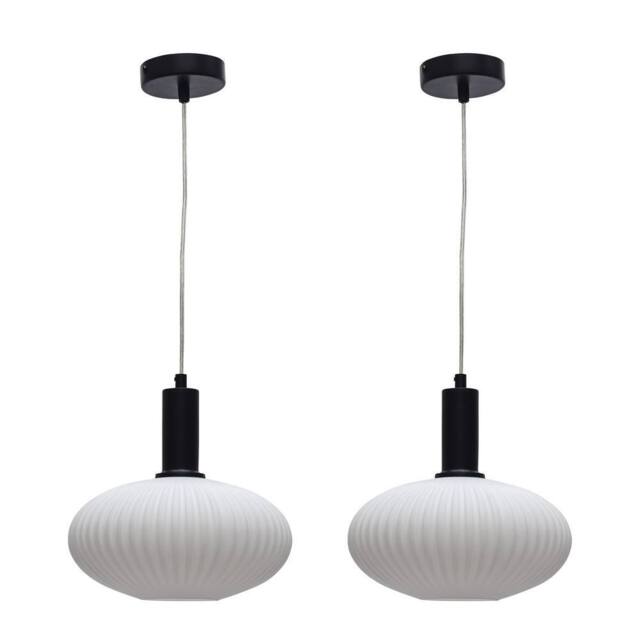 First Choice Lighting Set of 2 Baton - White Ribbed Oval Glass Black Deco Pendant Fittings - image 1
