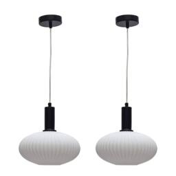 First Choice Lighting Set of 2 Baton - White Ribbed Oval Glass Black Deco Pendant Fittings - thumbnail 1