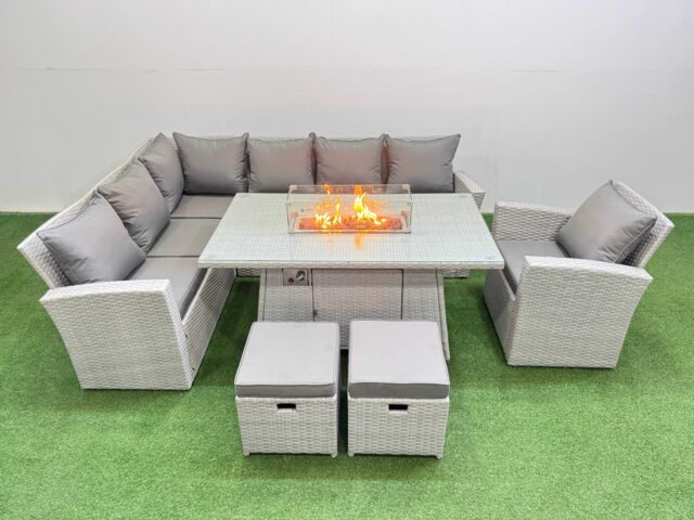 Fimous 9 Seat Rattan Garden Furniture Corner Sofa Set Outdoor Gas Fire Pit Table Sets with 2 Small Footstools Light Grey - image 1