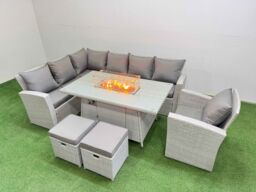 Fimous 9 Seat Rattan Garden Furniture Corner Sofa Set Outdoor Gas Fire Pit Table Sets with 2 Small Footstools Light Grey - thumbnail 2
