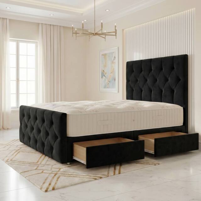 "Somnior Ziggy Velvet Divan Bed Mattress 2 Draw 54"" Headboard 22"" Footboard in Black - Size: Super King" - image 1