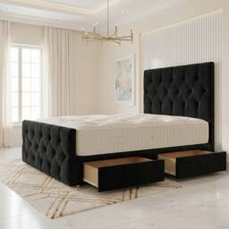 "Somnior Ziggy Velvet Divan Bed Mattress 2 Draw 54"" Headboard 22"" Footboard in Black - Size: Super King"