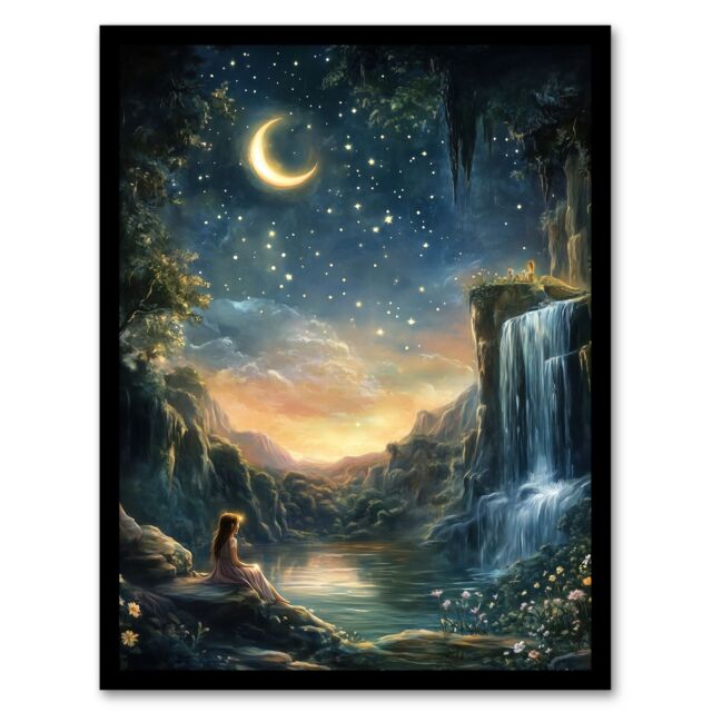 Artery8 Wendy in Neverland Lake Magical Forest Waterfall Framed Art Print in Blue - Size: A4 - image 1