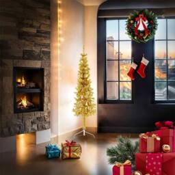 Berkfield Home Slim Artificial Half Christmas Tree with Stand Gold 150 cm - thumbnail 3