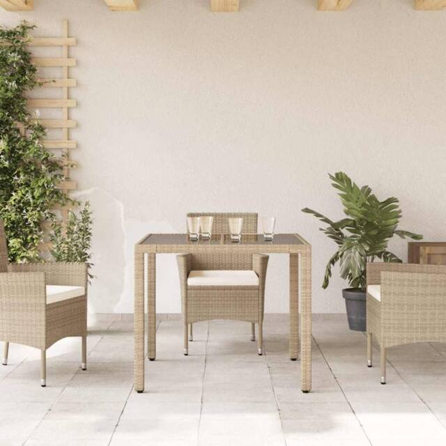 Berkfield Home Garden Table with Glass Top Beige 90x90x75 cm Poly Rattan - Size: 90 x 90 x 75 cm - image 1