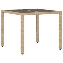 Berkfield Home Garden Table with Glass Top Beige 90x90x75 cm Poly Rattan - Size: 90 x 90 x 75 cm - thumbnail 3