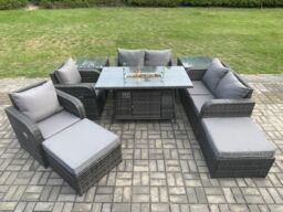Fimous 8 Seater Rattan Garden Furniture Set Outdoor Propane Gas Fire Pit Table & Sofa Chair set with 2 Side Tables 2 Big Footstool in Dark Grey - thumbnail 1