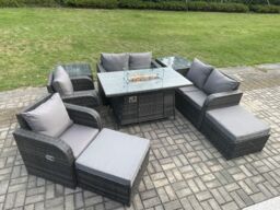 Fimous 8 Seater Rattan Garden Furniture Set Outdoor Propane Gas Fire Pit Table & Sofa Chair set with 2 Side Tables 2 Big Footstool in Dark Grey - thumbnail 3