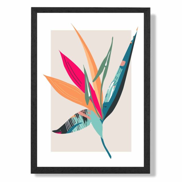 ARTZE Tropical Flower Blue & Pink Boho Botanical Framed Print SIZE: A2 with Black Frame in Mid Blue - Size: A4 - image 1
