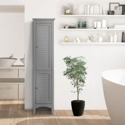 Teamson Home Glancy Wooden Linen Tower Tall Bathroom Cabinet Grey With Storage - thumbnail 2