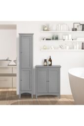 Teamson Home Glancy Wooden Linen Tower Tall Bathroom Cabinet Grey With Storage - thumbnail 3