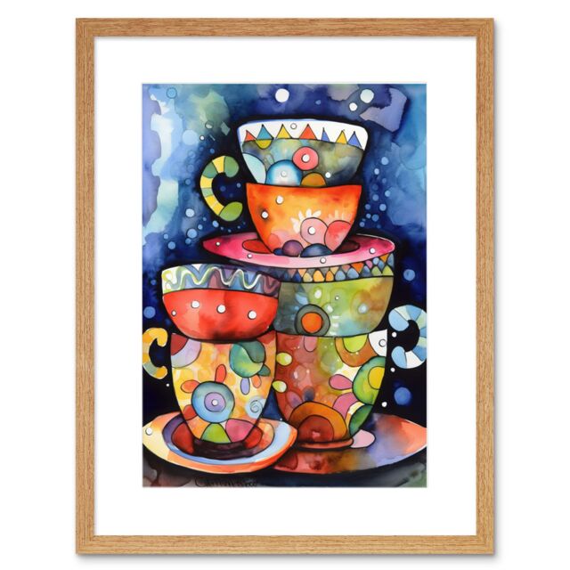 "Artery8 Wall Art Print Kitchen Folk Art Mugs & Cups Artwork Framed 9X7 Inch in Beige - Size: W7"" x H9""" - image 1