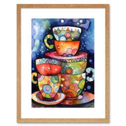 "Artery8 Wall Art Print Kitchen Folk Art Mugs & Cups Artwork Framed 9X7 Inch in Beige - Size: W7"" x H9""" - thumbnail 1