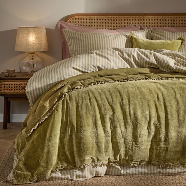 Yard Jaye Fringed Cotton Velvet Bedspread in Green - image 1