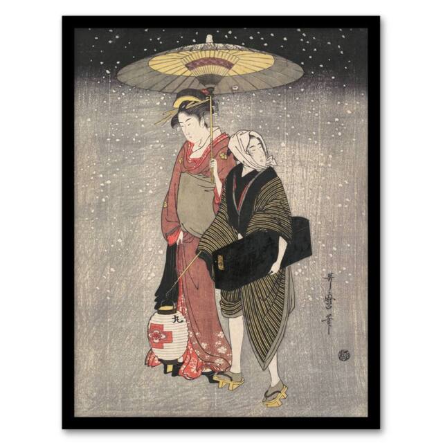 Artery8 Geisha Walking Through Snow Night Japan Framed Wall Art Print Kitagawa in Grey - Size: A4 - image 1
