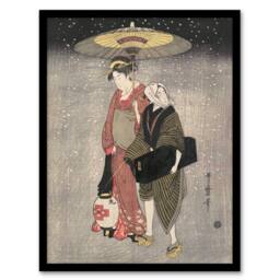 Artery8 Geisha Walking Through Snow Night Japan Framed Wall Art Print Kitagawa in Grey - Size: A4 - thumbnail 1