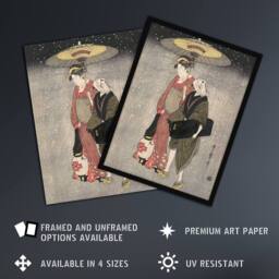 Artery8 Geisha Walking Through Snow Night Japan Framed Wall Art Print Kitagawa in Grey - Size: A4 - thumbnail 2