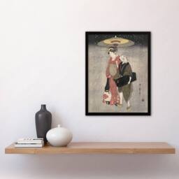 Artery8 Geisha Walking Through Snow Night Japan Framed Wall Art Print Kitagawa in Grey - Size: A4 - thumbnail 4