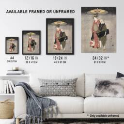 Artery8 Geisha Walking Through Snow Night Japan Framed Wall Art Print Kitagawa in Grey - Size: A4 - thumbnail 3