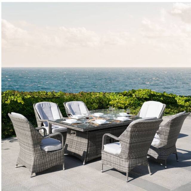 Direct Wicker Outdoor 7‑Piece Dining Set with Fire Pit Table in Grey - Size: 6 Person - image 1