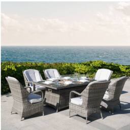 Direct Wicker Outdoor 7‑Piece Dining Set with Fire Pit Table in Grey - Size: 6 Person - thumbnail 1