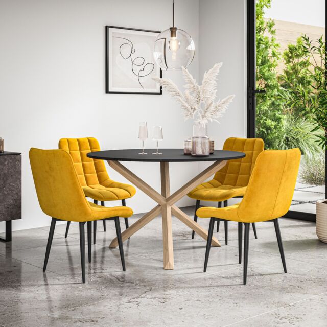 More4Homes Malvern Round Dining Table & Chairs - Black Table Top w Solid Oak Legs + Nova Velvet Dining Chair Set Of 4 in Mustard - image 1