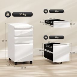 VINSETTO Steel File Cabinet with Lock & Wheels for Home Office in White - thumbnail 3