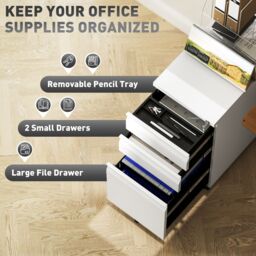 VINSETTO Steel File Cabinet with Lock & Wheels for Home Office in White - thumbnail 4