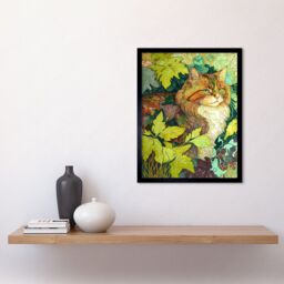 "Artery8 Wall Art Print Ginger Cat Hiding in the Bush Tree Modern Colourful Art Framed in Black - Size: W12"" x H16""" - thumbnail 2