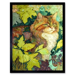 "Artery8 Wall Art Print Ginger Cat Hiding in the Bush Tree Modern Colourful Art Framed in Black - Size: W12"" x H16""" - thumbnail 1