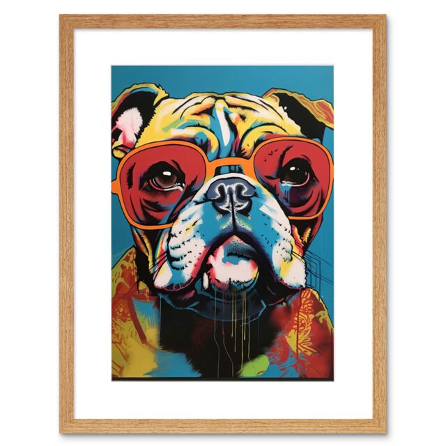 "Artery8 Wall Art Print English Bulldog Wearing Sunglasses Modern Pop Artwork Framed 9X7 Inch in Beige - Size: W7"" x H9""" - image 1