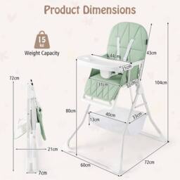 CASART Foldable High Chair Baby Highchair w/3-Level Adjustable Tray &Footrest in Green - thumbnail 2