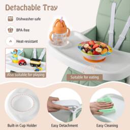 CASART Foldable High Chair Baby Highchair w/3-Level Adjustable Tray &Footrest in Green - thumbnail 4