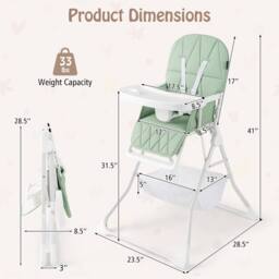 CASART Foldable High Chair Baby Highchair w/3-Level Adjustable Tray &Footrest in Green - thumbnail 5