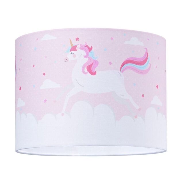 Happy Homewares Beautiful Soft Pink Cotton Lampshade with Dancing Unicorns & Clouds Decoration - Size: 10 inches - image 1