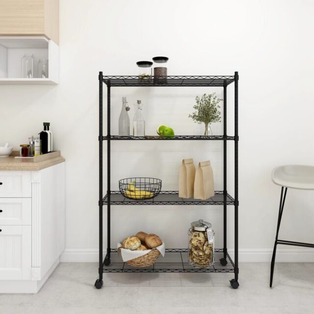 Berkfield Home 4-Tier Storage Shelf with Wheels 90x35x142 cm Black 200 kg - Size: 90 x 35 x 142 cm - image 1