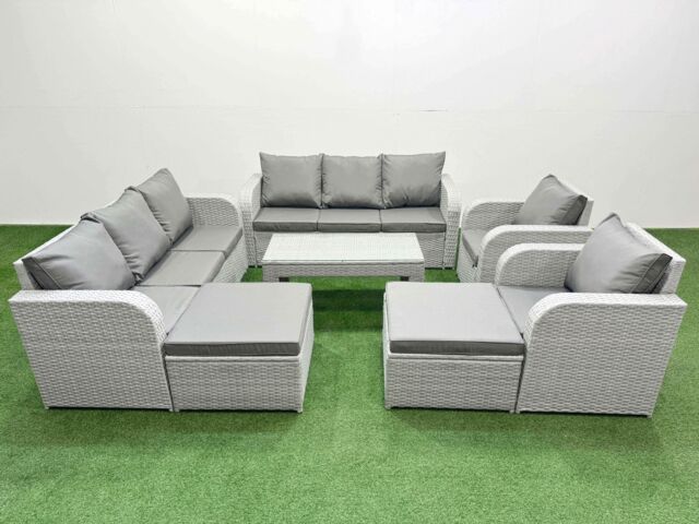 Fimous PE Rattan High Back Lounge Sofa Set Patio Oblong Coffee Table & Chairs Set with 3 Seater Sofa Reclining Chair 2 Big Footstool Light Grey - image 1