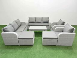 Fimous PE Rattan High Back Lounge Sofa Set Patio Oblong Coffee Table & Chairs Set with 3 Seater Sofa Reclining Chair 2 Big Footstool Light Grey - thumbnail 1