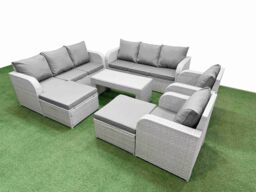 Fimous PE Rattan High Back Lounge Sofa Set Patio Oblong Coffee Table & Chairs Set with 3 Seater Sofa Reclining Chair 2 Big Footstool Light Grey - thumbnail 2