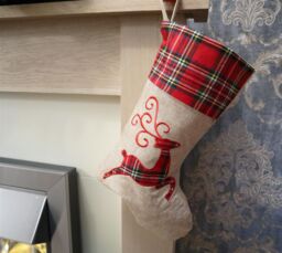 Shatchi Large Xmas Stocking Printed Pattern Burlap Hessian Linen Sack Sock Hanging Bags Home Decorations-Reindeer 1 in Brown - thumbnail 3