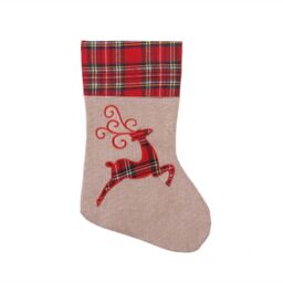 Shatchi Large Xmas Stocking Printed Pattern Burlap Hessian Linen Sack Sock Hanging Bags Home Decorations-Reindeer 1 in Brown